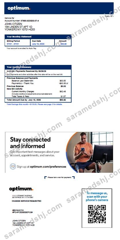 USA Optimum utility bill template in Word and PDF formats, version 2